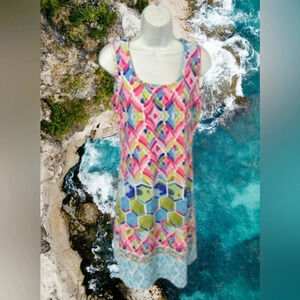 Ronni Nicole Shift Dress Women’s Small Waffle Knit Tropical Colorful Pink Blue